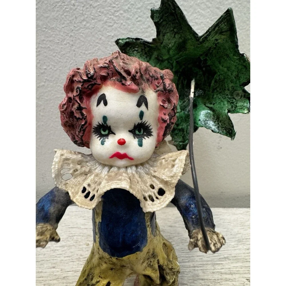 Vintage Mexican Papier Mache Clown Figurine Holding Green Umbrella Folk Art